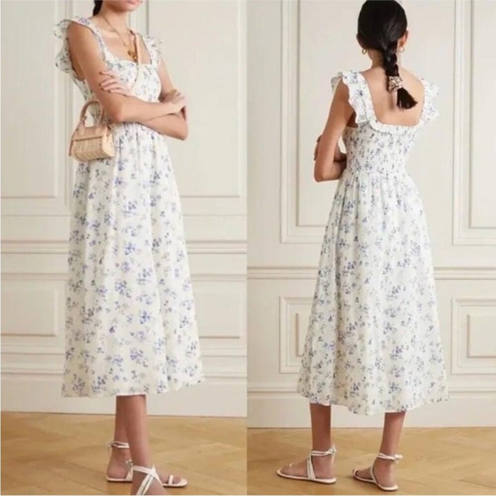 Reformation Noreen Smocked Floral Blue and White Dress
